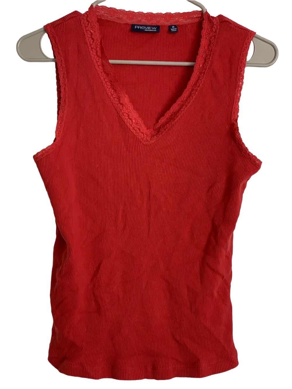 PREVIEW Women’s Brick Red Ribbed Sleeveless Lace V-neck Cotton Tank Top